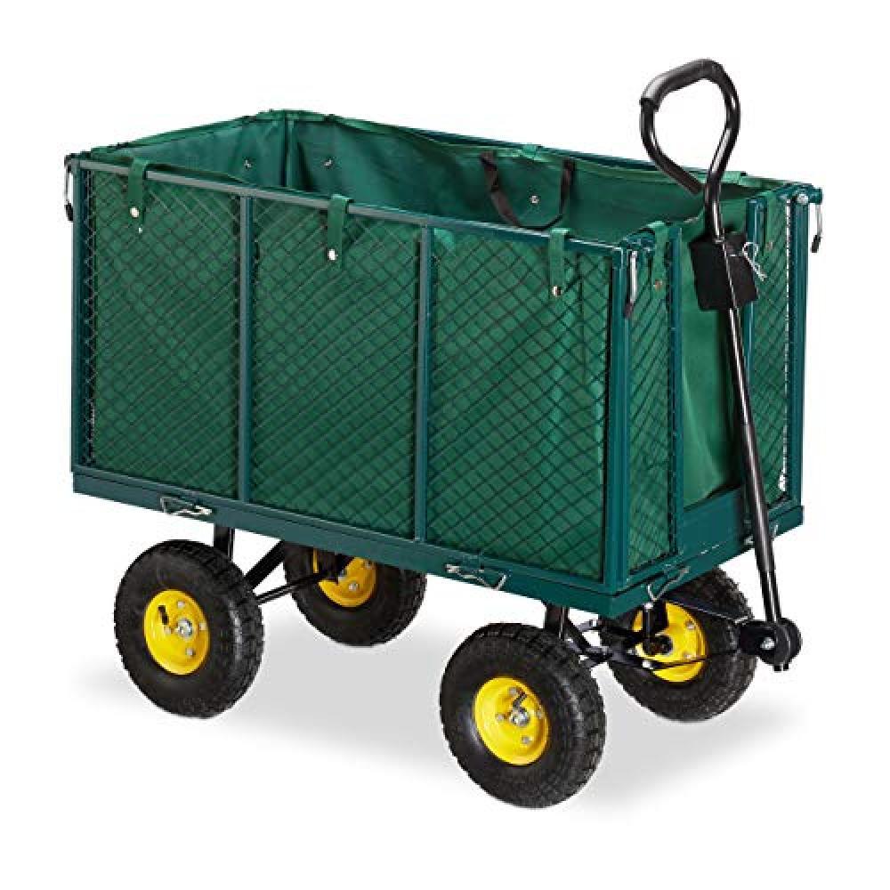Relaxdays, Verde Carrello da Giardino, Carretto Grande con Sponde Pieghevoli, Te
