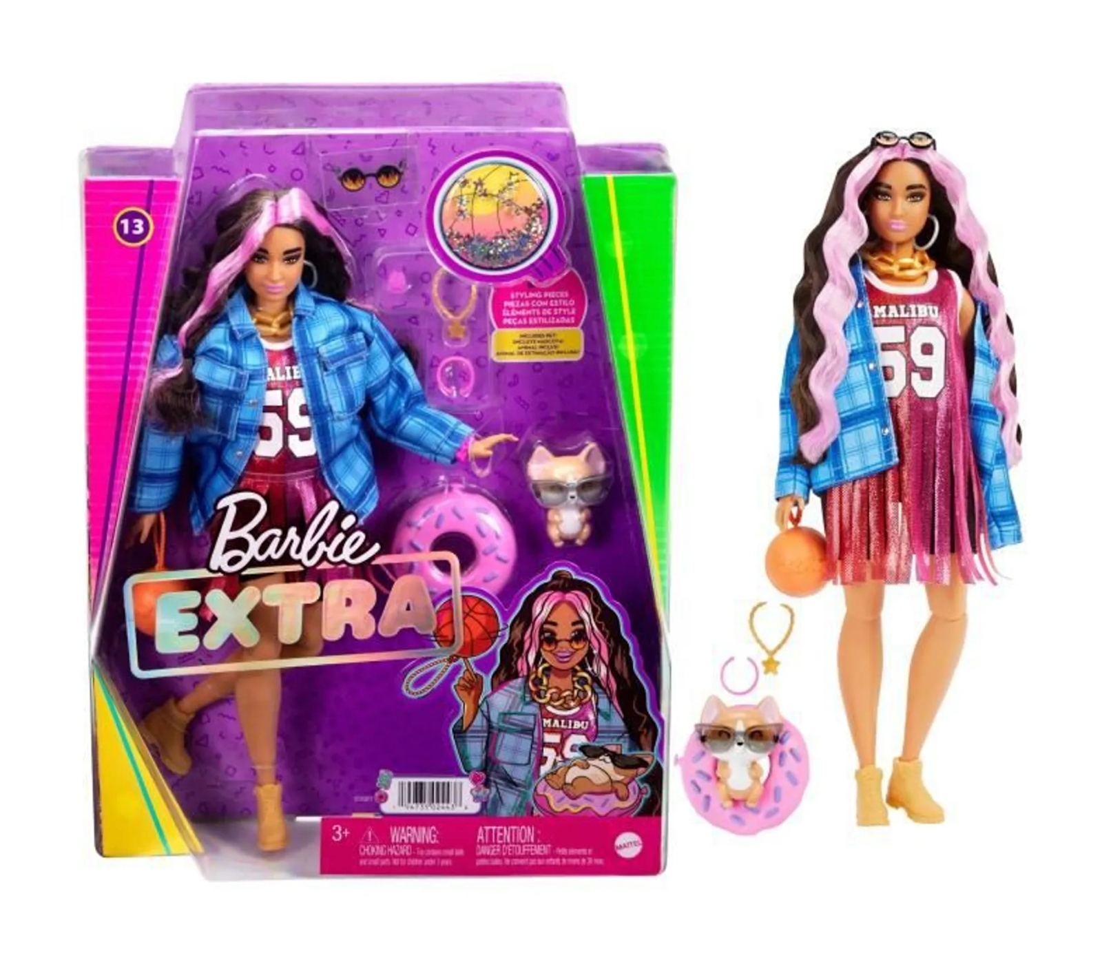 Barbie Extra Doll and Accessories with Pink-Streaked Crimped Hair Jersey Dress