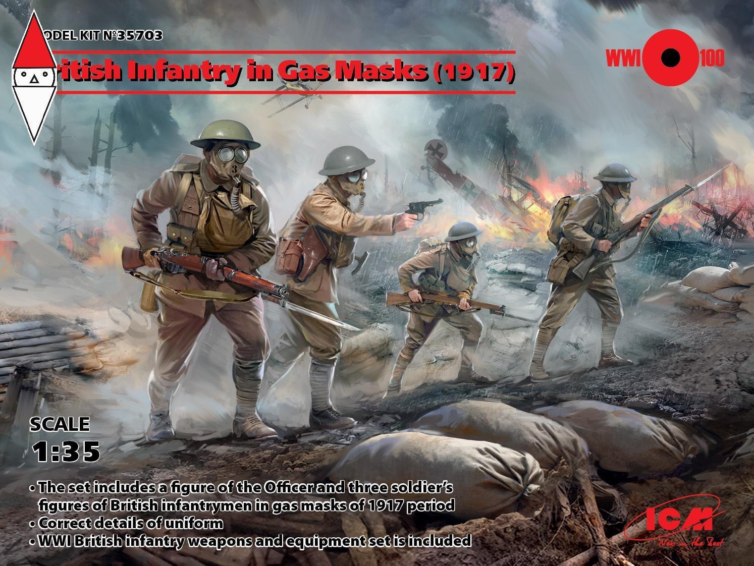 ICM 1/35 BRITISH INFANTRY IN GAS MASKS (1917)  (4 FIGURES)