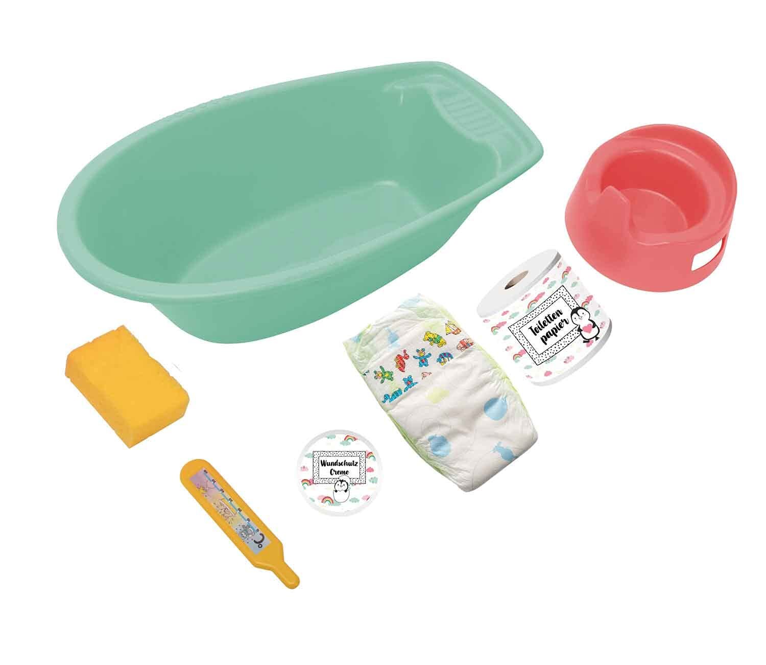 Heless 911 tub with Lots of Accessories, 7 Pieces, Mint Colour, for Cheerful Bat