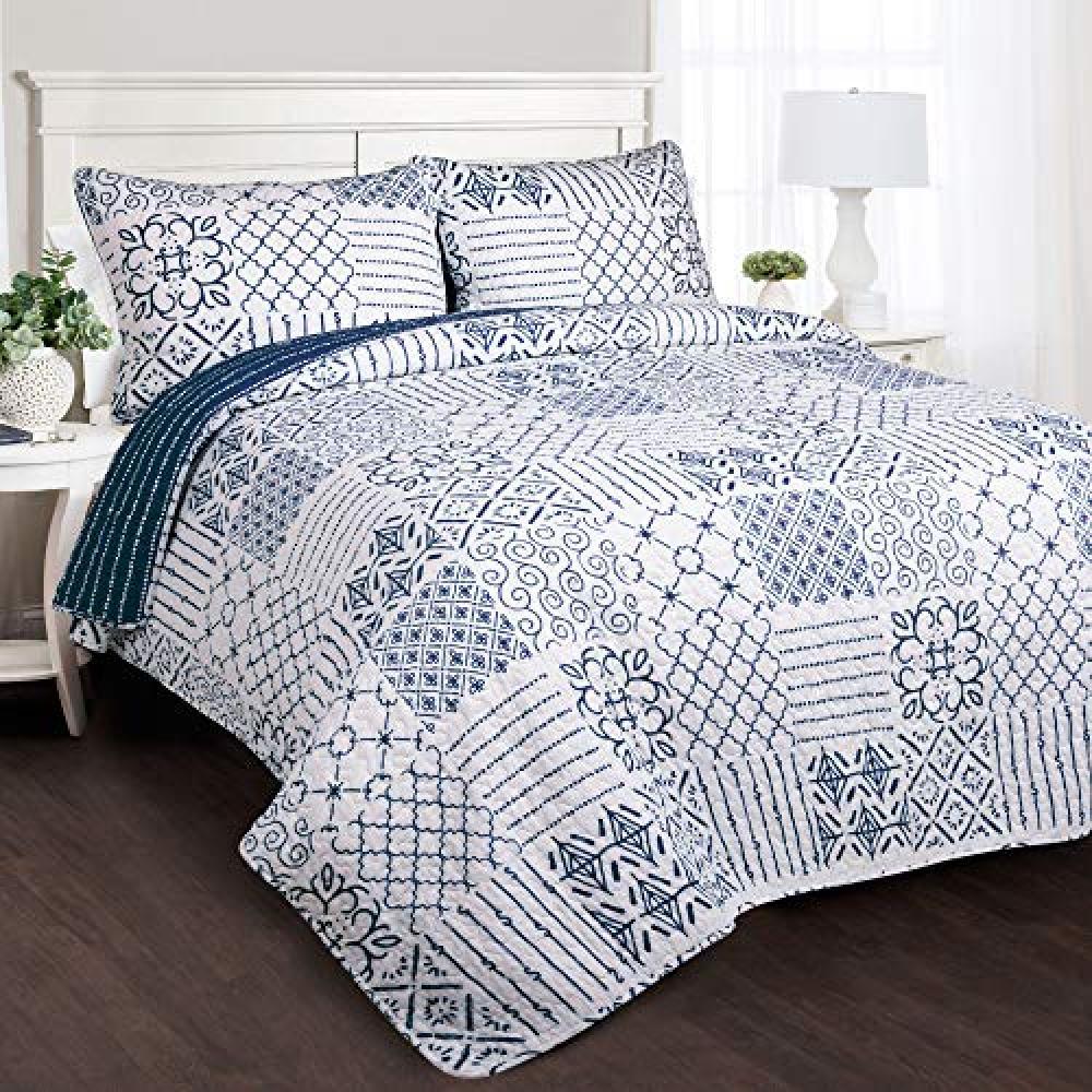 (TG. King) Lush Decor Monique 3-Piece Quilt Set, Full/Queen, Blu, Blue, King - N
