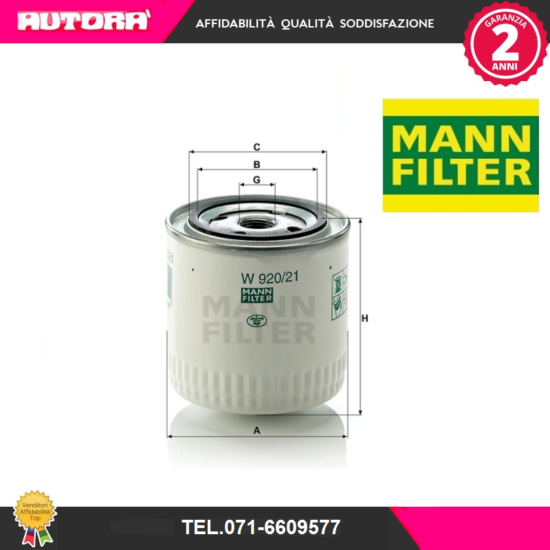 W92021 Filtro olio; Filtro, Sistema idraulico di lavoro (MARCA MANN).