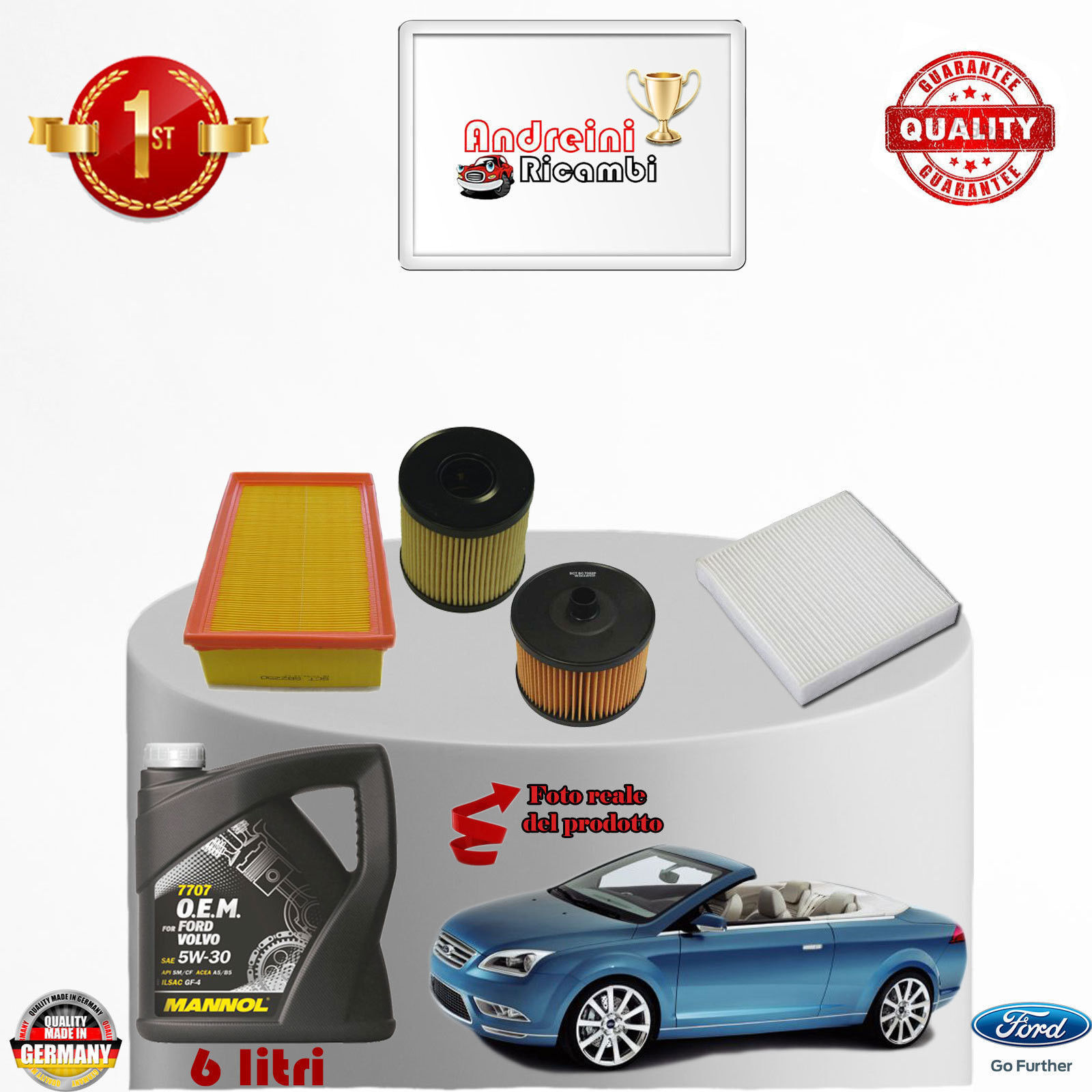 KIT TAGLIANDO FILTRI + OLIO FORD FOCUS CABRIO 2.0 TDCi 100KW DAL 2007 -> 2010