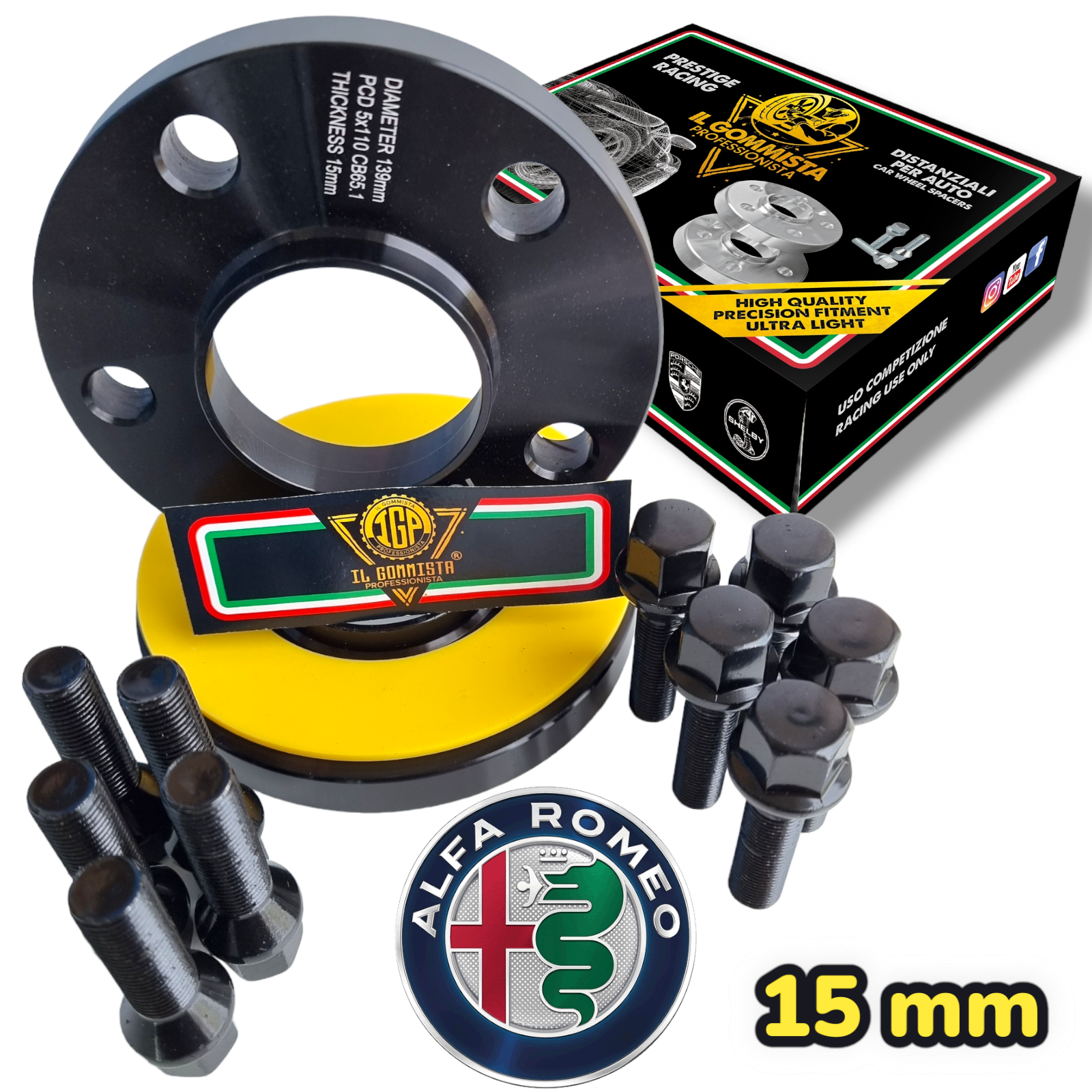 IGP Kit 2 Distanziali Ruote 15 mm NERI Compatibili con Alfa Romeo Tonale 965 Suv