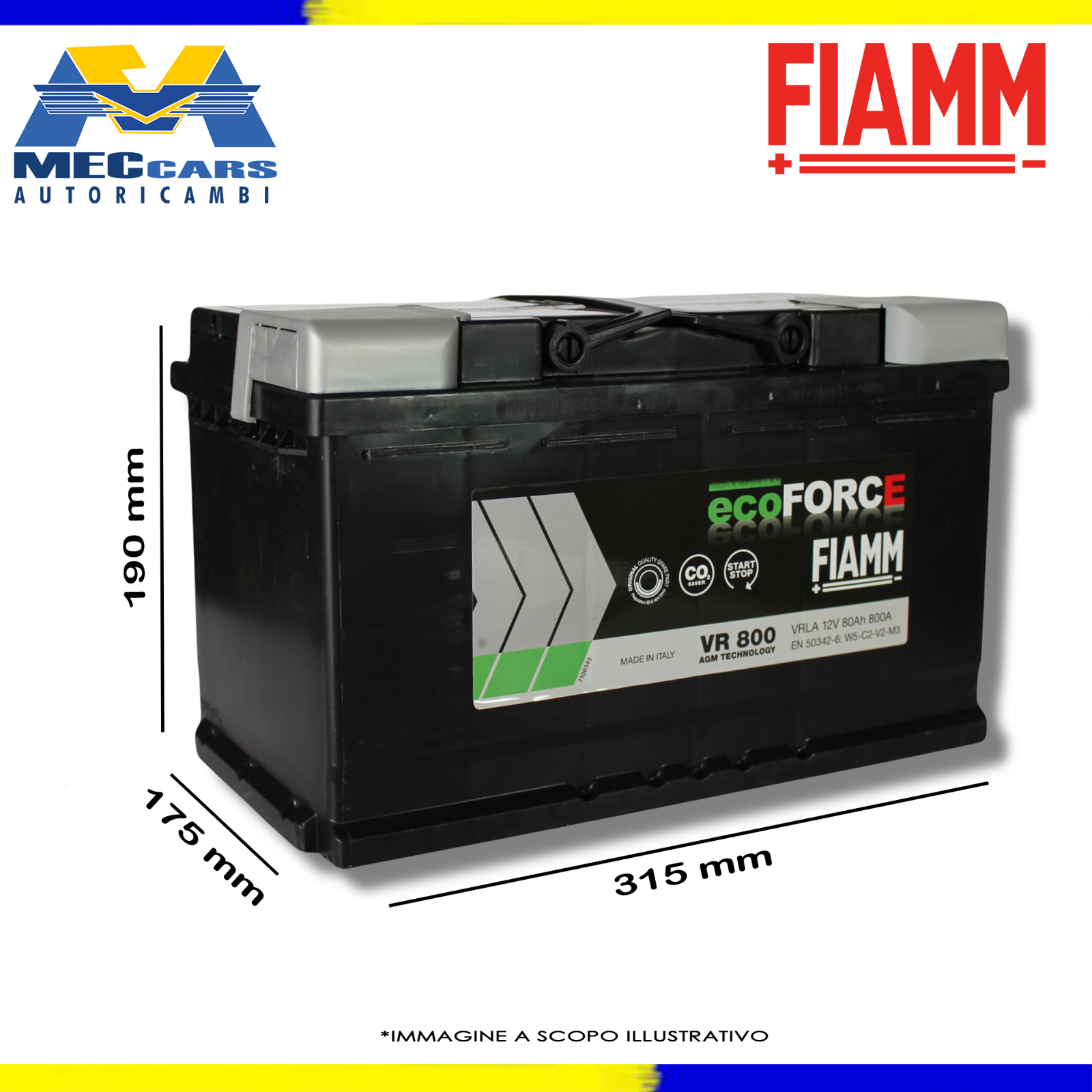FIAMM BATTERIA 12V 80AH 800A AGM VR800 START & STOP 7906201 315x175x190 mm