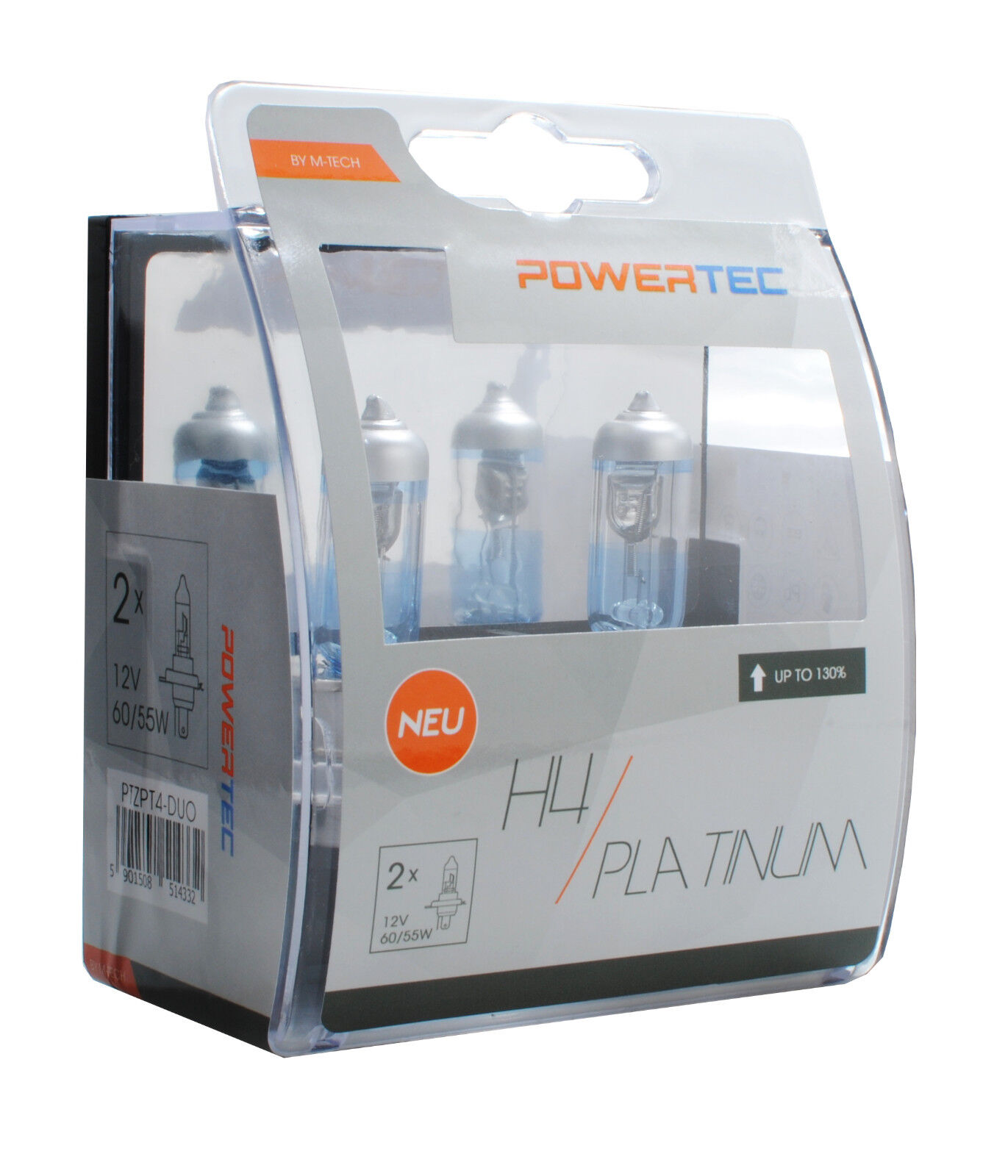 Coppia Lampade Lampadine PowerTec H4 55W 12v PLATINUM Bianche +130% ALOGENE