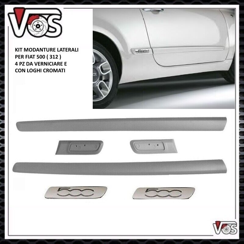KIT MODANATURE LATERALI PARACOLPI PORTIERE PORTE 6PZ LOGO CROMO FIAT 500 07 >