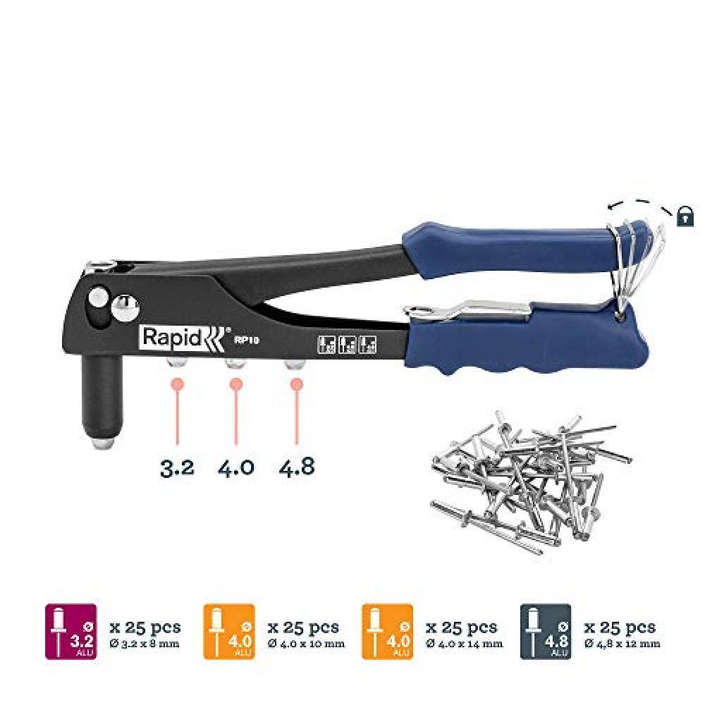 (TG. 3.2/4/4.8mm) Rapid 5000376 RP10 Rivettatrice + 100 Rivetti, Blu - NUOVO