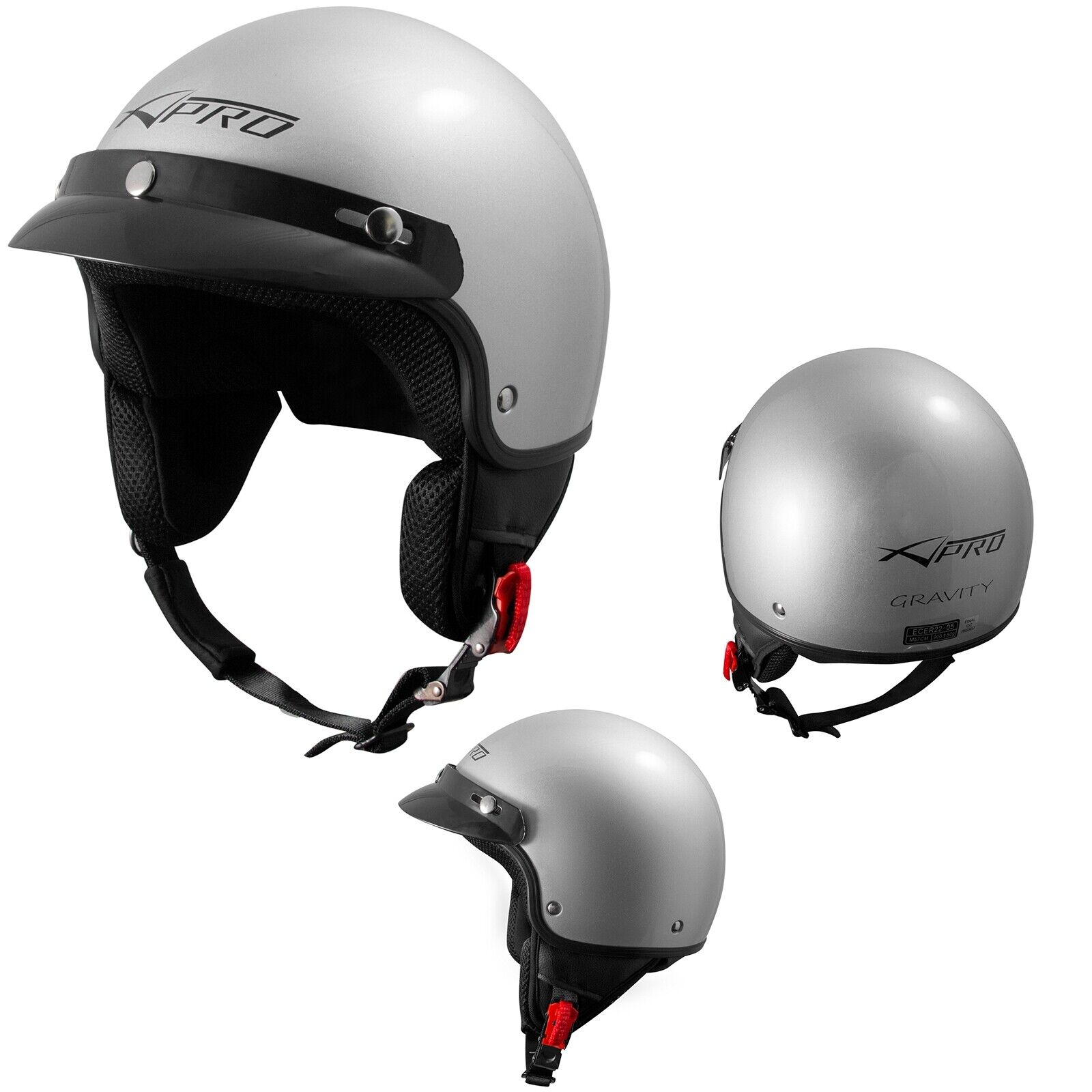 Open Face Demi Jet Helmet Peak Motorbike Scooter Visor SonicMoto Silver L