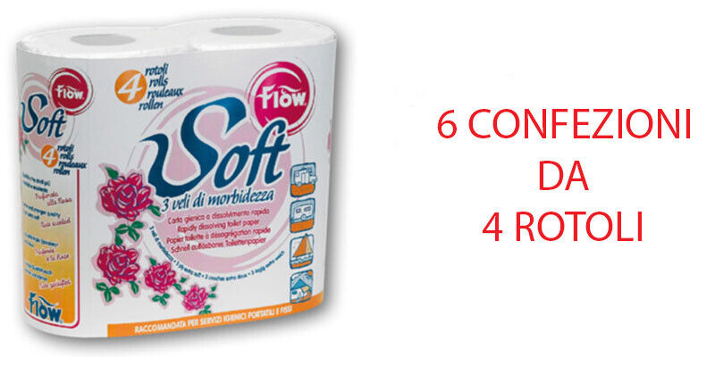 FLOW SOFT CARTA IGIENICA 6X4=24 ROTOLI DISOLVIMENTO RAPIDO WC CHIMICI CAMPER BAR