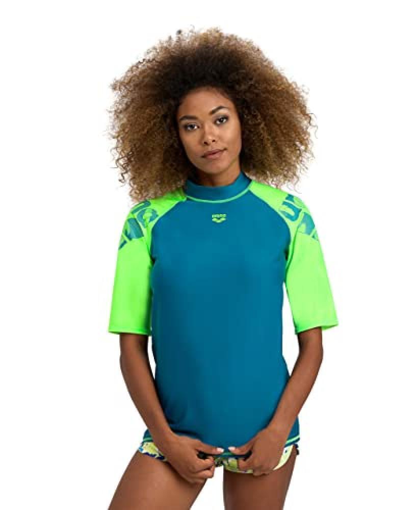 (TG. M) Arena Women's Rash Vest S/S Graphic Guard Shirt, Deep Teal-Soft Green, M