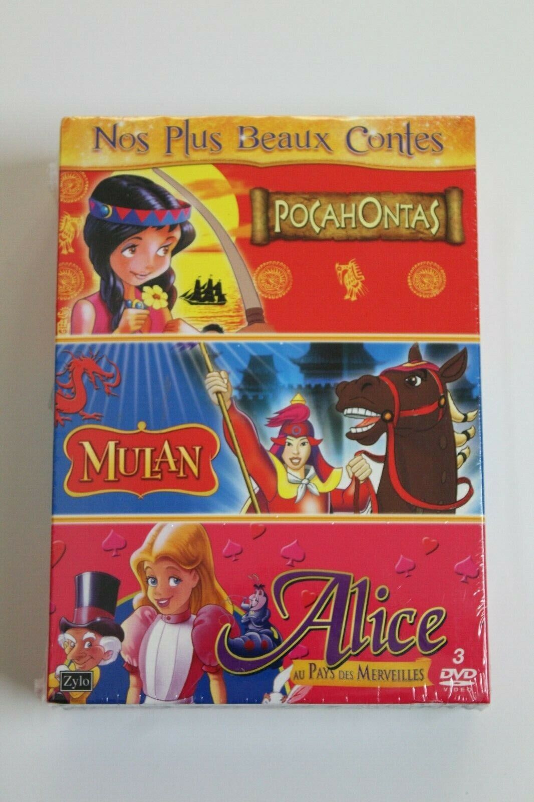 POCAHONTAS - MULAN - ALICE Au Pays des merveilles, 3 DVD Francia NUOVO.