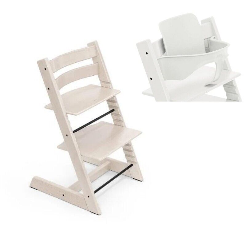 Stokke Tripp Trapp Sbiancato Completo di Baby Set -Seggiolone Evolutivo in Legno