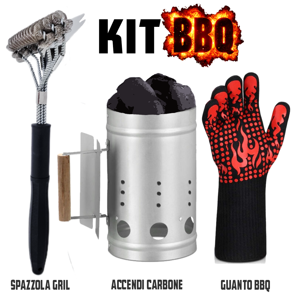 KIT BBQ BARBECUE ACCENDI CARBONE STARTER GUANTO TERMICO E SPAZZOLA PULIZIA GRIL
