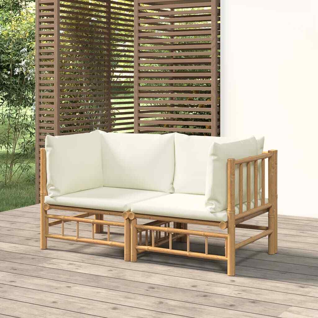 Vidaxl Divani Angolari da Giardino con Cuscini Bianco Crema 2pz Bambù