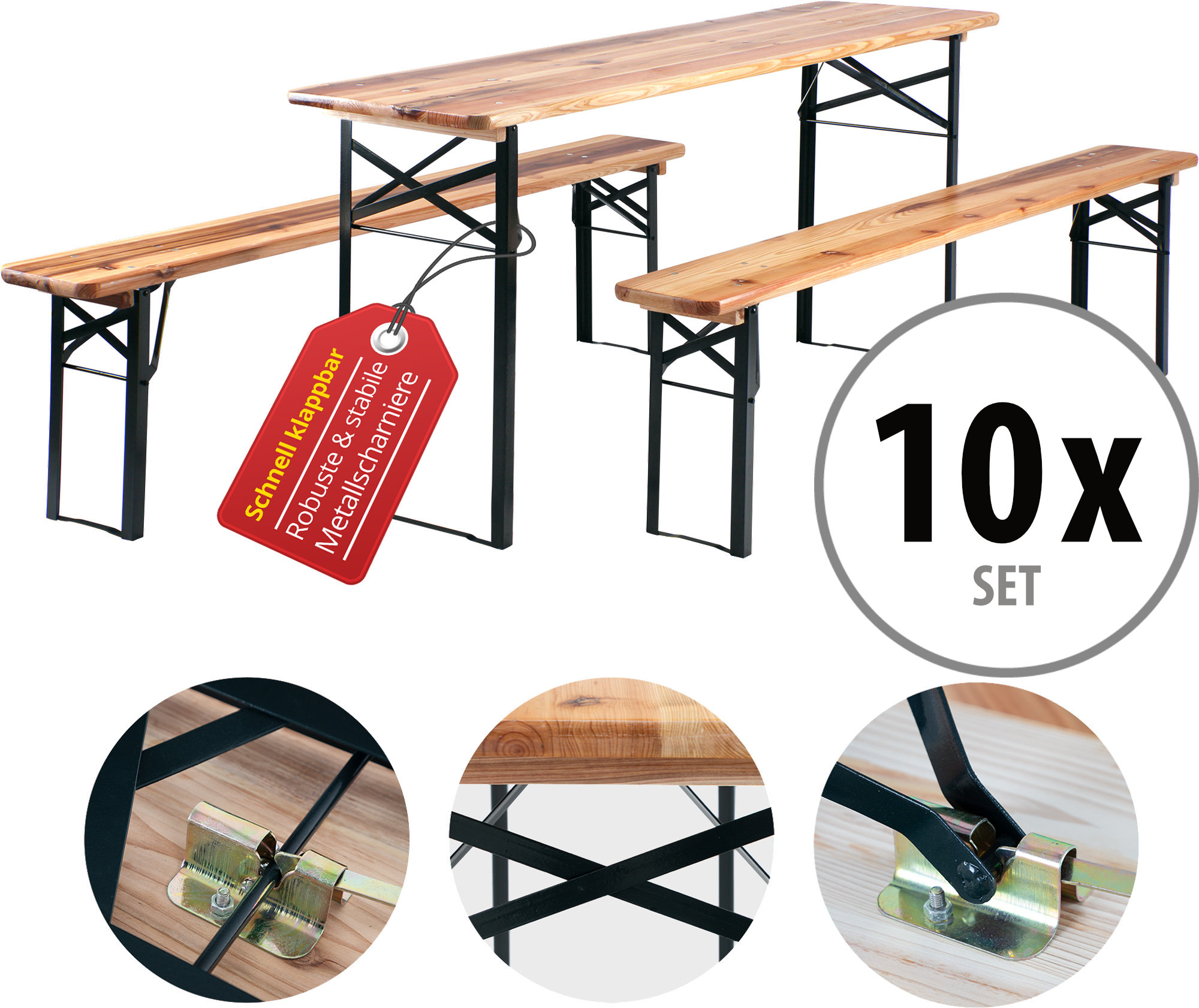 10x Birreria Tavolo e Panche Richiudibile Tavolo Giardino in Legno Panca Esterno