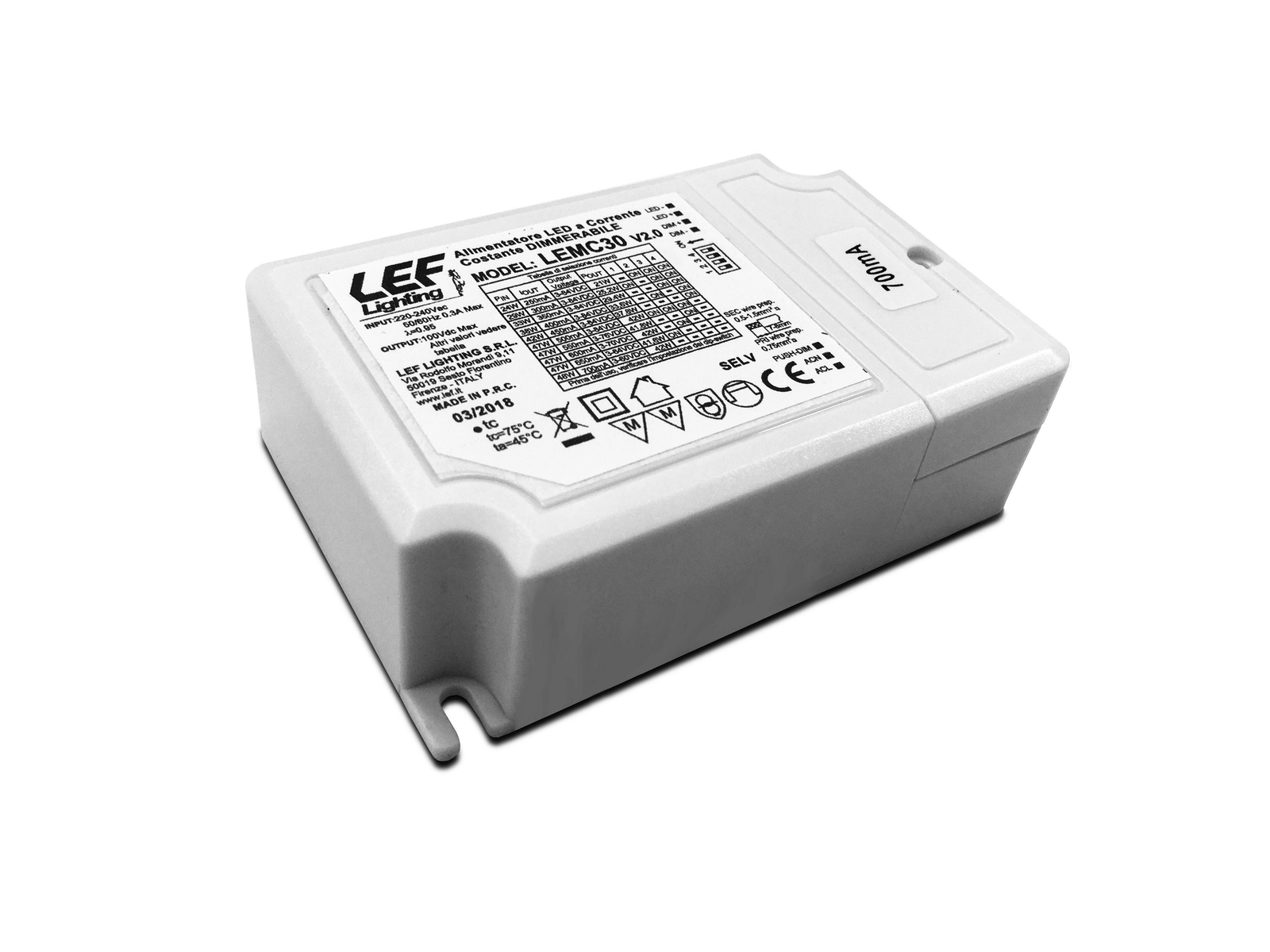 LEF ALIMENTATORE DRIVER LED MULTICORRENTE COSTANTE 250÷700MA 42W DIMMERABILE CO