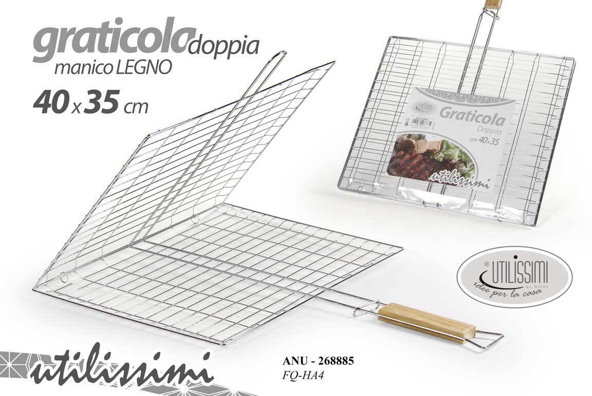 Graticola Griglia 40*35 cm Doppia Barbecue Acciaio Cromato Camino MANICO LEGNO