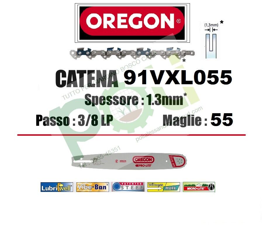 CATENA MOTOSEGA OREGON 91VXL055E PASSO 3/8 LP x SPESSORE 1.3 mm 55 MAGLIE