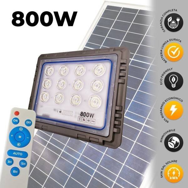 Faro 800 Watt Con Pannello Solare Luce Forte Telecomando Batteria Lunga Durata