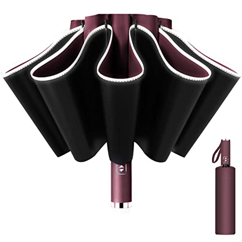 Ombrello Inverso Automatico, Ombrello Pieghevole Antivento, Ombrello Grande Da Pioggia 10 Stecche Rinforzate Per Uomo Donna, Diametro 105Cm (Vino Ross