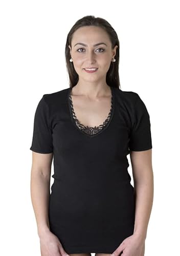 New Day Intimo Eccezionale Made In Italy- 3 Maglie Intime Per Donna Manica Corta Con Pizzo Macramé O Bordo Raso In 100% Puro Cotone (Pizzo/Nero,2Xl)