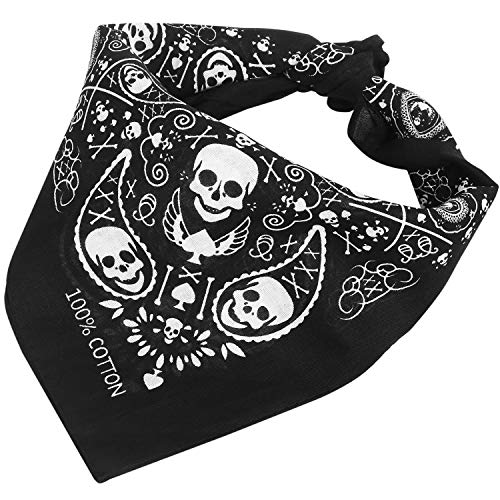 Trixes Bandana Nera Con Disegno Di Teschio Su Due Lati E Bordi A Scacchi, Foulard Da Mettere In Testa