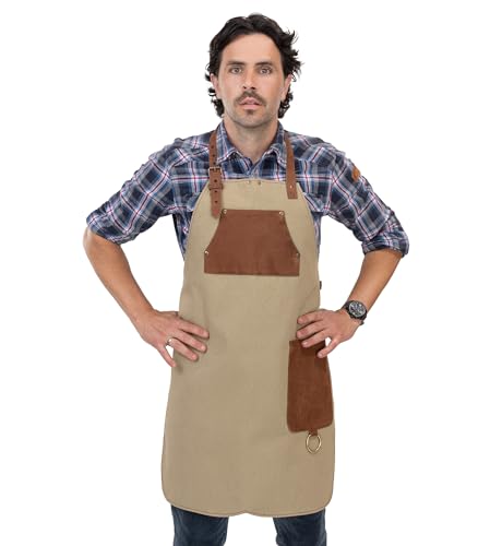 Angus Stoke Grembiule Da Cucina In Tela Di Alta Qualità E Vera Pelle – Grembiule Da Barbecue Variabile Con Cinghie In Pelle – Grembiule Per Cucina, Ba