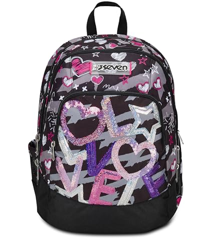 Seven Zaino Scuola Advanced, Nero Fucsia, Draft Heart, Zaino Doppio Scomparto Con Tasca Porta Pc O Tablet, Tasca Porta Borraccia E Organizer, Zaino Sc