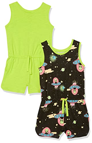 Amazon Essentials Tutine Smanicate In Maglia (Precedentemente Spotted Zebra) Bambine E Ragazze, Pacco Da 2, Nero Alieni/Verde Lime Fluo, 6-7 Anni