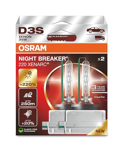 Osram Xenarc Night Breaker 220, D3S, 220% Di Luminosità In Più, Lampada Per Fari Allo Xeno, 66340Xn2-2Hb, Scatola Pieghevole (2 Lampade)