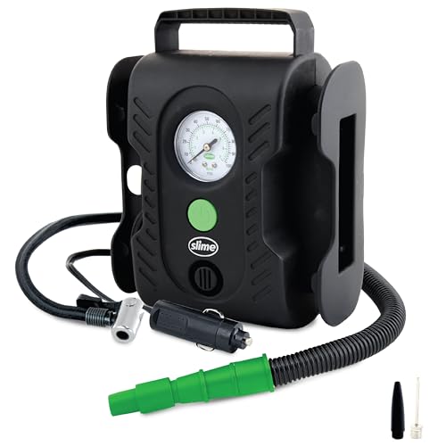 Slime 40066-95 Compressore Pneumatici, Multiuso, Per Pneumatici, Gommoni E Materassi, Analogico, Con Luce Led E Tubo A Innesto Rapido, Gonfiaggio In 8