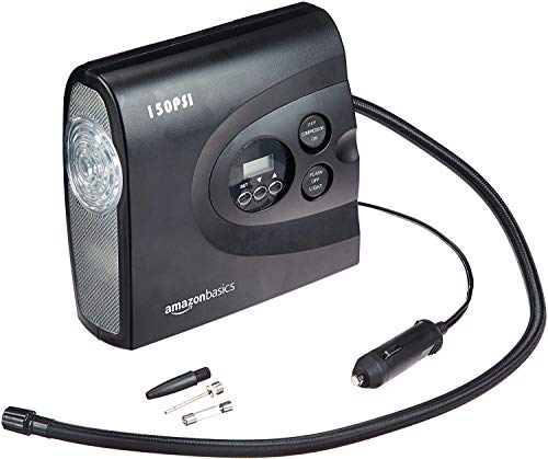 Amazon Basics Compressore D'Aria Portatile Compatto, Gonfiaggio Pneumatici, Spegnimento Automatico Con Luce Led, Cc 12 V, 150 Psi, Nero