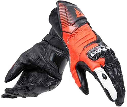 Dainese - Carbon 4 Long Gloves, Guanto Moto Lungo In Pelle, Con Protezioni Delle Nocche In Carbonio, Uomo, Nero/Rosso-Fluo/Bianco, L