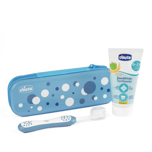 Chicco Set Spazzolino E Dentifricio Per Bambini, Con Pratico Astuccio, Set Comprende Dentifricio Al Gusto Mela Banana E Spazzolino, Per I Primi Denti