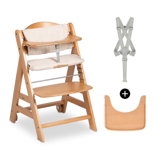 Hauck Seggiolone Pappa In Legno Beta+ - Legno Cert.Fsc®, Con Cuscino, Cintura A 5 Punti, Vassoio E Ruote In Legno - Dai 6 Mesi Fino A 90 Kg - Legno Na