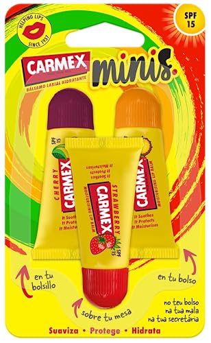 Carmex Balsamo Labbra Spf 15, Triplo Minis (Ciliegia, Ananas E Fragola) 5Gx3. Idratano, Proteggono, Riparano, Leniscono E Ammorbidiscono Le Labbra.