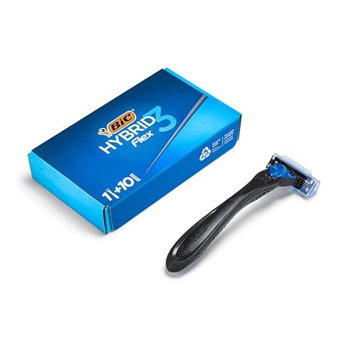 Bic Hybrid 3 Flex Rasoio Da Uomo Ricaricabile, 1 Manico In Plastica Riciclata Al 90% + 10 Ricariche 3 Lame Con Banda Emolliente, Confezione Da 1+10 Un