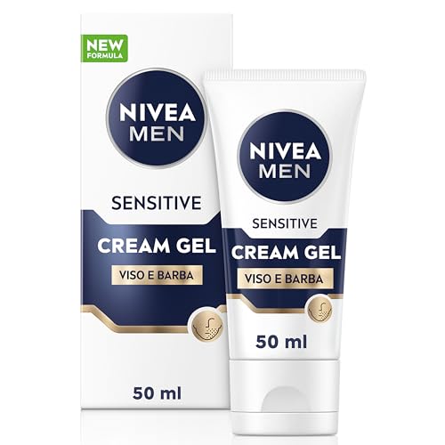 Nivea Men Sensitive Viso E Barba Cream Gel 50 Ml, Crema Viso Uomo Per Un Sollievo Immediato Dalle Irritazioni E 24H D'Idratazione, Crema Viso Idratant