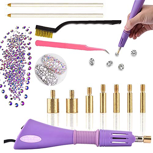 Hotfix - Applicatore Di Strass Termoadesivi Con 7 Punte Di Diverse Dimensioni, Pinze, Spazzola Per La Pulizia, 2 Matite E Strass