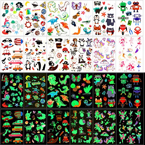 Qpout Tatuaggi Temporanei Per Bambini, 135 Tatuaggi Luminosi In Stile Cartone Animato Misto, Unicorno Sirena Farfalla Animale Dinosauro Pirata Tatuagg