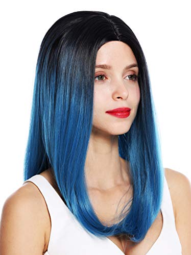 Wig Me Up - 1362-4330/2913 Parrucca Donna Lunga Liscia Riga In Mezzo Ombre Hair Nero Blu