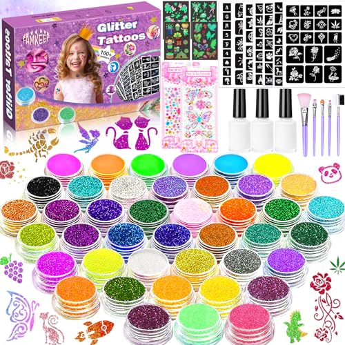 Famkeep Set Tatuaggi Glitter,42 Colori Tatuaggi Kit,223 Stencil, 5 Pennelli, 3 Colla,Tatuaggi Impermeabili Kit Tatuaggi Flash Per Ragazzi, Ragazze E F