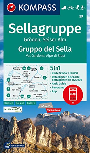 Cartina Escursionistica N. 59 Gruppo Di Sella, Val Gardena, Alpe Di Siusi: 5In1 Wanderkarte Mit Aktiv Guide, Detailkarten Und Panorama Inklusive Karte