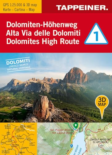 3D-Wanderkarte Dolomiten-Höhenweg 1. Cartina Escursionistica 3D Alta Via Delle Domiti 1. 1:25.000. Ediz. Tedesca, Italiana E Inglese: 167
