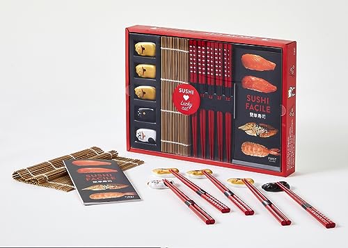 Lucky Cat Sushis: Coffret Avec 1 Natte En Bambou, 5 Paires De Baguettes, 5 Repose-Baguettes Et 1 Livre De Recettes