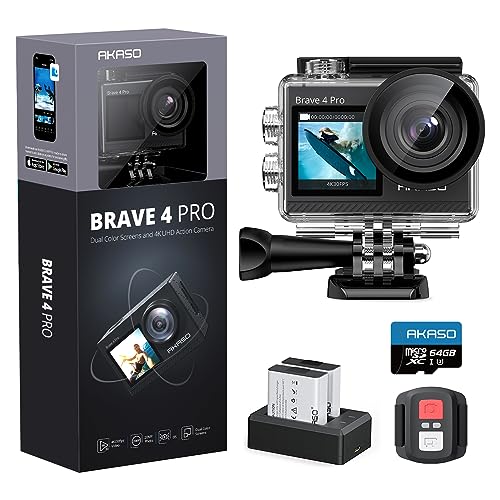 Akaso Brave 4 Pro Action Cam 4K 40M Con Scheda Di Memoria U3 Da 64Gb, Videocamera 20Mp Wifi 170° Grandangolare Doppio Schermo Eis Stabilizzazione, Tou