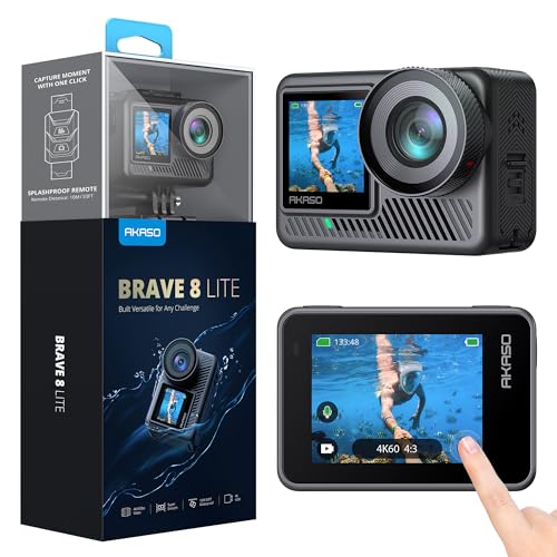 Akaso Brave 8 Lite Action Cam 4K60Fps 20Mp Wifi Fotocamera Subacquea Con Doppio Schermo, Stabilizzazione Supersmooth, Grandangolo 150°, Impermeabile F