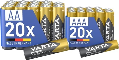 Varta Batterie 20X Aa & 20X Aaa, Confezione Da 40, Pile Mix Pack, Power On Demand, Alcaline, Pacco Di Stoccaggio In Confezione Ecologica, Made In Germ