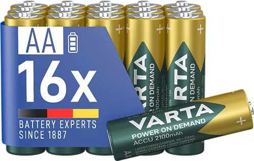 Varta Pile Aa, Ricaricabili, Confezione Da 16, Recharge Accu Power On Demand, Batteria Ricaricabile, 2100 Mah Ni-Mh, Senza Effetto Memory, Precaricate